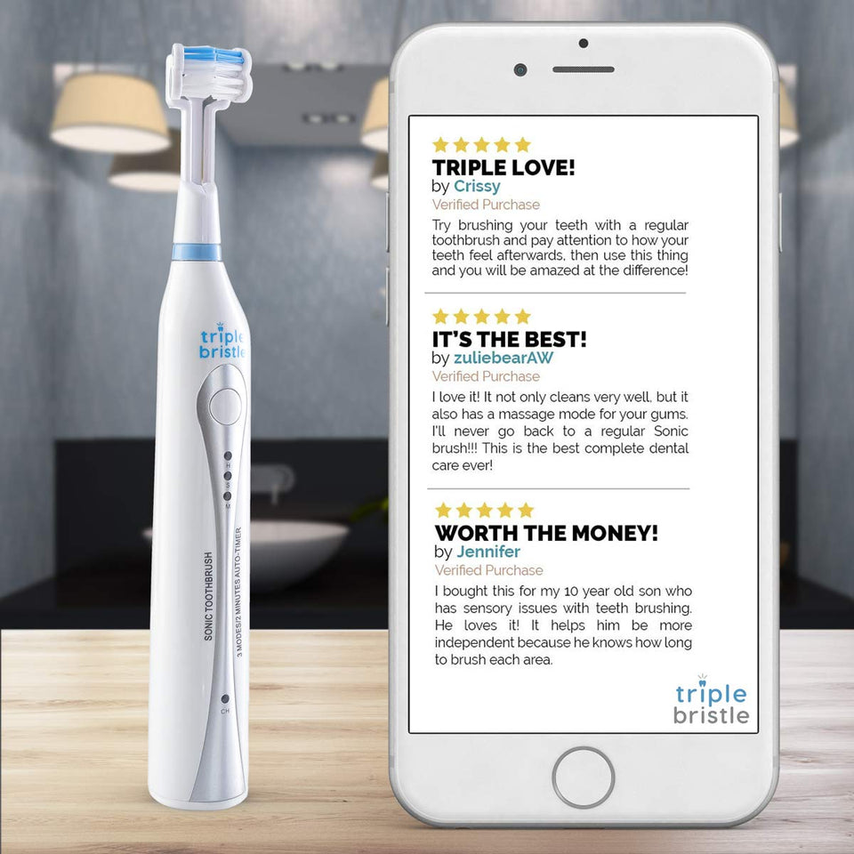 Triple Bristle Original Sonic Toothbrush | Rechargeable 31,000 VPM Tooth Brush | Patented 3 Head Design | Angled Bristles Clean Each Tooth | Dentist Created & Approved | Triple Bristle Original 2 Pack