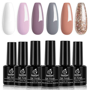 Beetles Gel Nail Polish Set, Weekend Getaway Collection Soft Pink Purple Nude Gel Polish Golden Glitter Coral Gel Nail Lacquer Kit Bridal French Nail Art Manicure Kit, 7.3ml Each Bottle