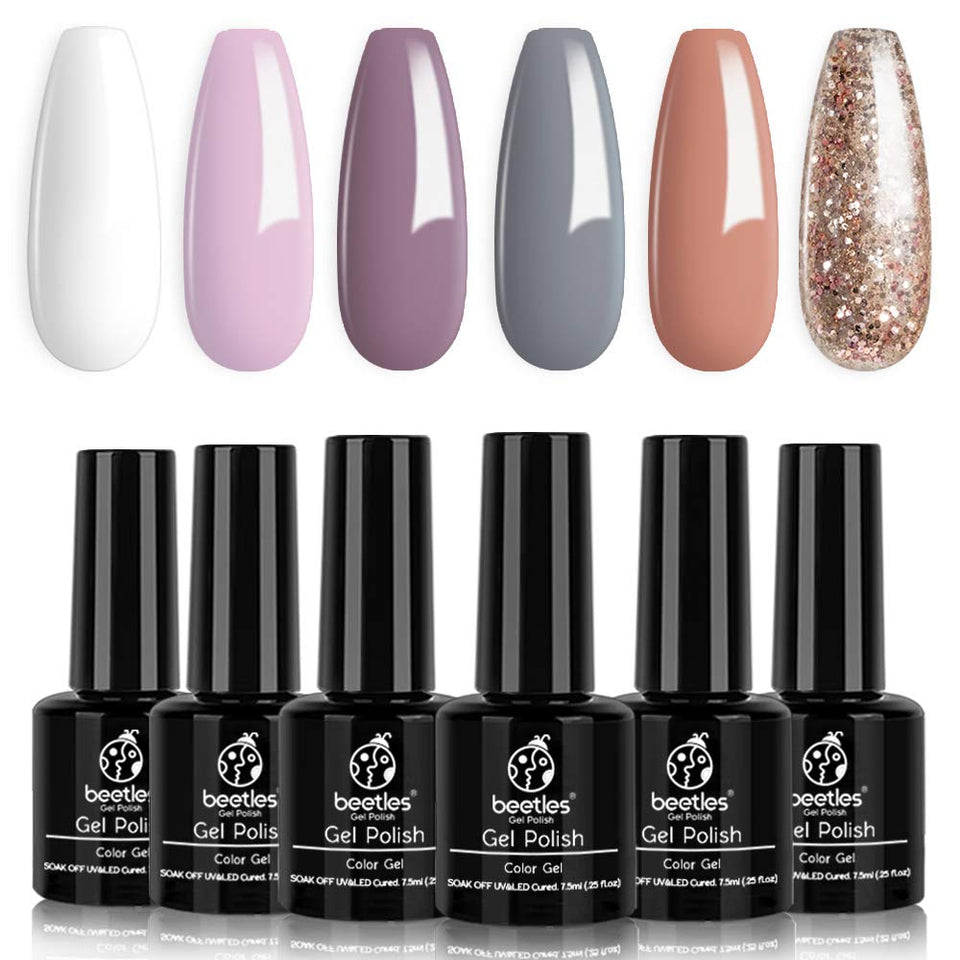 Beetles Gel Nail Polish Set, Weekend Getaway Collection Soft Pink Purple Nude Gel Polish Golden Glitter Coral Gel Nail Lacquer Kit Bridal French Nail Art Manicure Kit, 7.3ml Each Bottle