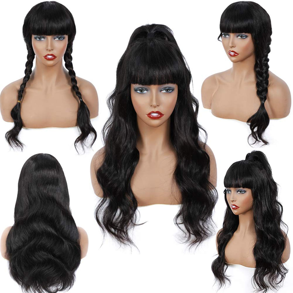 QTHAIR 12A Grade Body Wave Wigs With Bangs Virgin Brazilian None Lace Front Wigs Human Hair Wigs 150% Density Glueless Machine Made Wigs For Black Women(22 inch, Body wave)