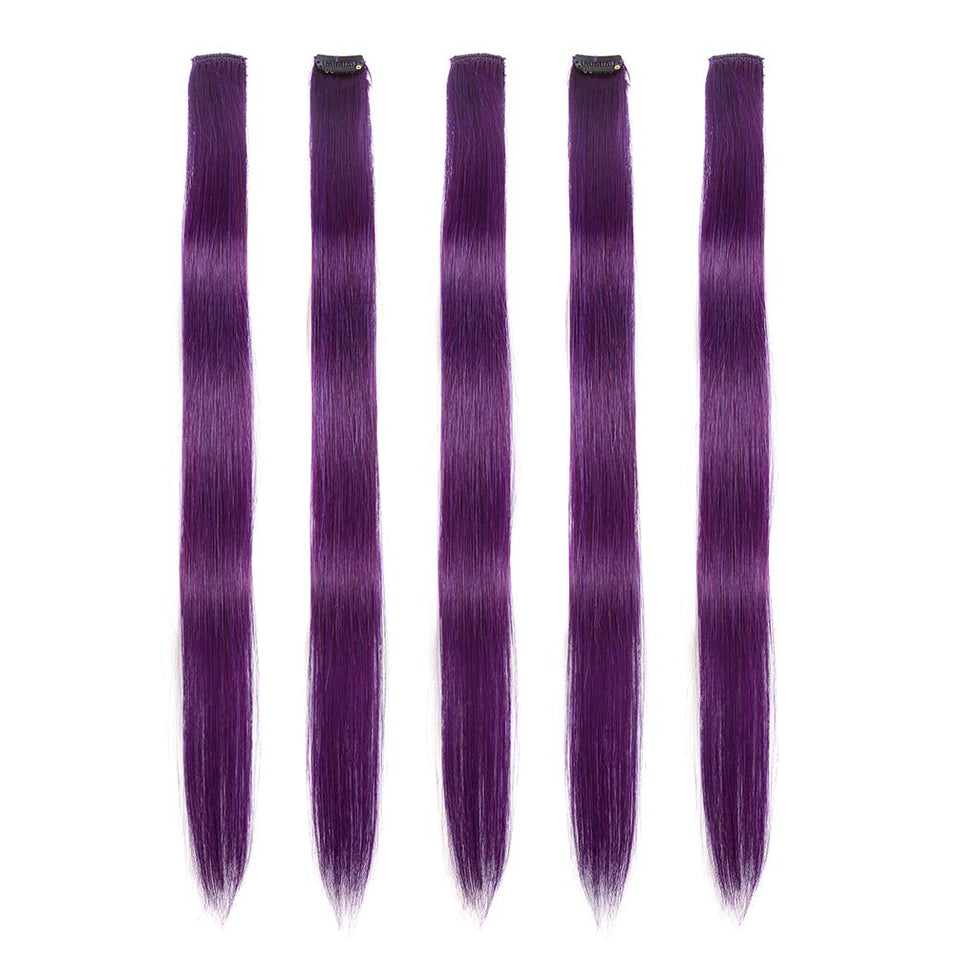 Winsky Purple Girls Clip in Hair Extensions 100% Real Human Hair - Straight Highlights Colored Clip on Hairpieces 5 Pieces/Set (18inch, Purple)