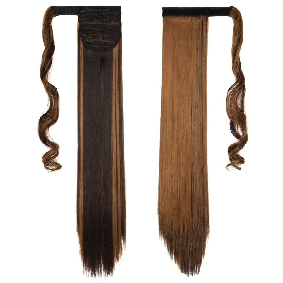 Wrap Around Ponytail Hair Extension One Piece Magic Paste Hairpiece Synthetic Straight Curly(23"Straight, 4AP27A)