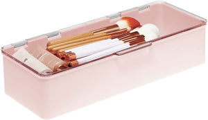 mDesign Makeup Storage Stackable Organizer Box for Bathroom Vanity, Countertops, Drawers - Holds Blenders, Eyeshadow Palettes, Lipstick, Lip Gloss, Makeup Brushes - Hinged Lid - 2 Pack - Pink/Clear