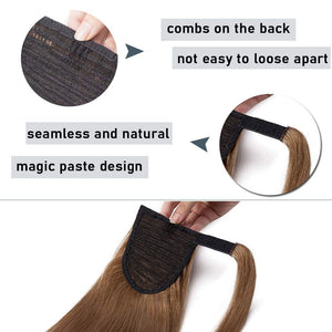 100% Remy Human Hair Ponytail Extension Wrap Around One Piece Hairpiece With Clip in Comb Binding Pony Tail Extension For Girl Lady Women Long Straight #6 Light Brown 14'' 70g