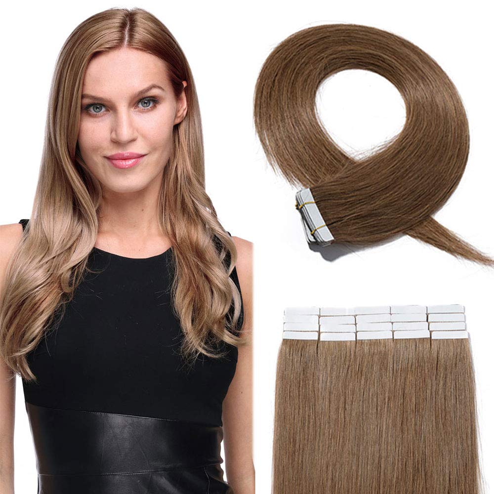 Tape In Human Hair Extensions Double Side Tape Seamless Skin Weft Invisible Hair Extensions Hightlight Balayage Natural Silk Straight For Women (18'',50g/20pcs,#6 Light Brown)