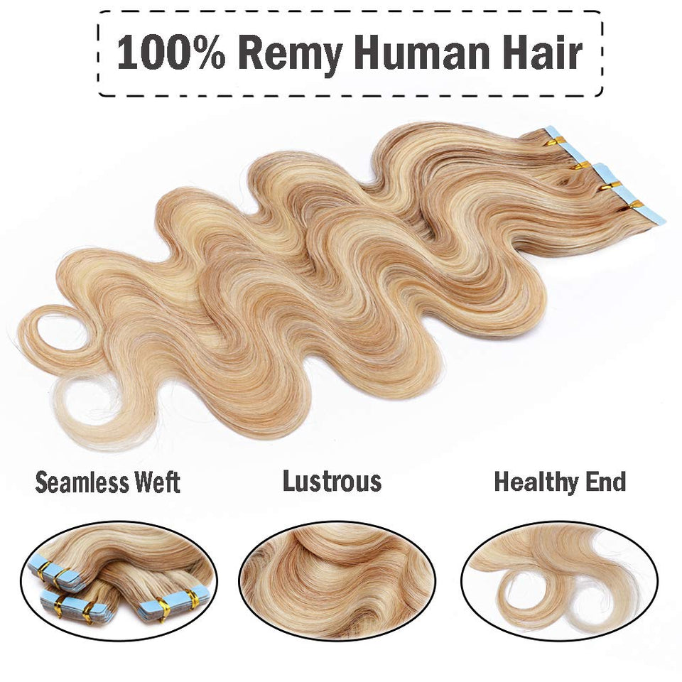 20 Inch Remy Tape in Hair Extensions Wavy Human Hair Highlight Body Wave 40pcs 100g Hair Seamless Skin Weft Glue in Human Hairpieces 2 Tones Balayage #18/613 Ash Blonde Mix Bleach Blonde