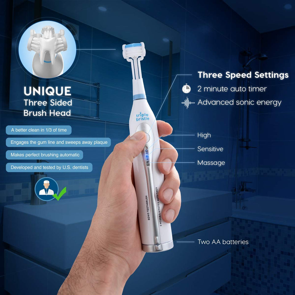 Triple Bristle GO | Portable AA Battery Sonic Toothbrush for Travel | Three Powerful Modes | Soft Nylon Bristles-Also for Autistic & Special Needs Adults and Kids | Triple Bristle GO Two Pack
