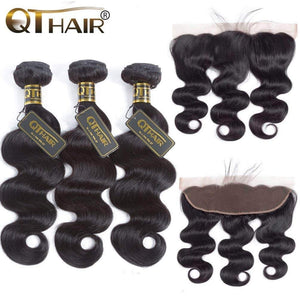 QTHAIR 12A Grade Brazilian Body Wave Bundles with Frontal (16 "18" 18"+14")13x4 Ear To Ear with Baby Hair 100% Unprocessed Virgin Brazilian Human Hair Weave