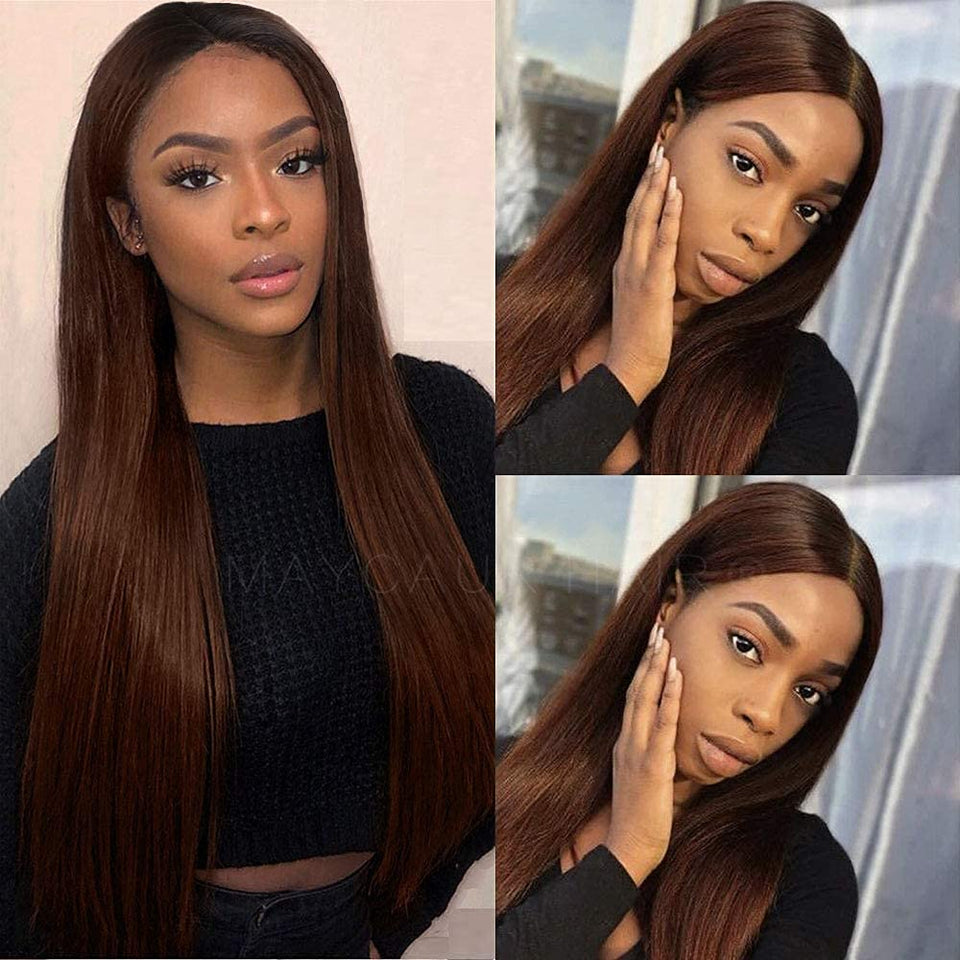 Maycaur 13X4 Inch Long Straight Brown Lace Front Wigs for Fashion Women Black Brown Ombre Color Synthetic Lace Front Wigs with Natural Baby Hair 24 Inch