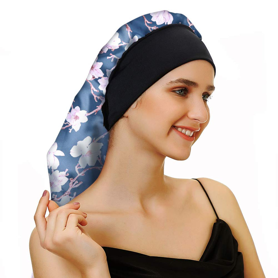 Sent Hair Extra Long Satin Bonnet Sleep Cap for Women Double Layer Silky Hair Bonnet for Braids,Curly,Long Hair- Soft Elastic Band,Blue Floral
