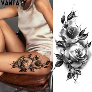 VANTATY 8 Sheets Petal 3D Black Flower Rose Temporary Tattoos For Women Waterproof Fake Body Art Arm Sketch Tattoo Stickers For Girls Shoulder Arm Leaf Tatoo Adults Beauty.