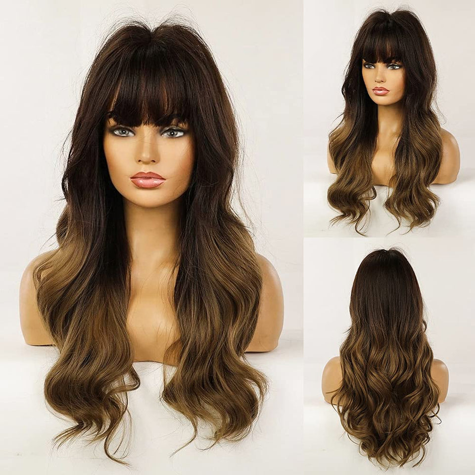 Esmee 24" Synthetic Wigs for Women Dark Roots Long Wig with Bangs Ombre Wavy Hair Realistic Simulation Scalp Middle Part..