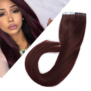 Burgundy Tape in Hair Extensions Human Hair Tape on Remy Hair Highlighted 14inch Long Straight Wine Red Seamless Skin Weft Invisible Double Sided for Women 14inch=80g 40 Pieces #99J