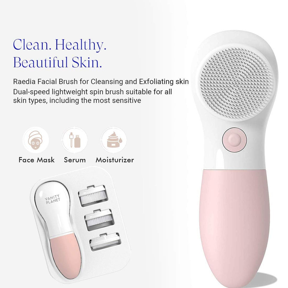 Vanity Planet Raedia Facial Cleansing Brush with 4 Interchangeable Brush Heads – Daily Cleansing |Glowing Skin |Lightweight Skin Brush |Face Exfoliator |Water Resistant (Dusty Pink)