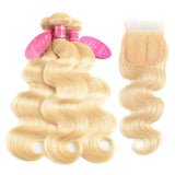 Aopusi 613 Honey Blonde Bundles with Closure 100% Brazilian Virgin Body Wave Human Hair 3 Bundles with 4×4 Lace Closure Remy Hair Weave Platinum Blonde Free Part 150% Density(14 16 18+12,613)