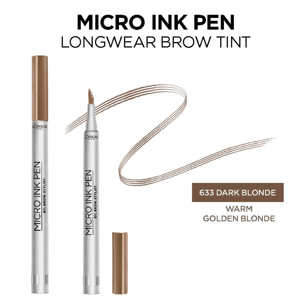 L'Oreal Paris Micro Ink Pen by Brow Stylist, Longwear Brow Tint, Hair-Like Effect, Up to 48HR Wear, Precision Comb Tip, Dark Blonde, 0.033 fl; oz.