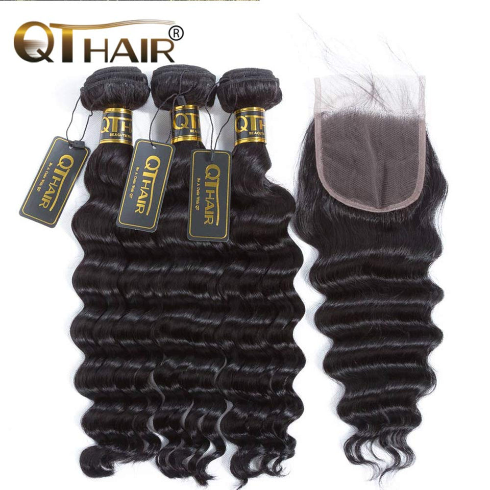 QTHAIR 12a Brazilian Loose Deep Wave Bundles with Closure Virgin Human Hair Bundles with Closure 4x4 Lace Closure(16 18 20+14) 100% Unprocssed Brazilian Virgin Hair