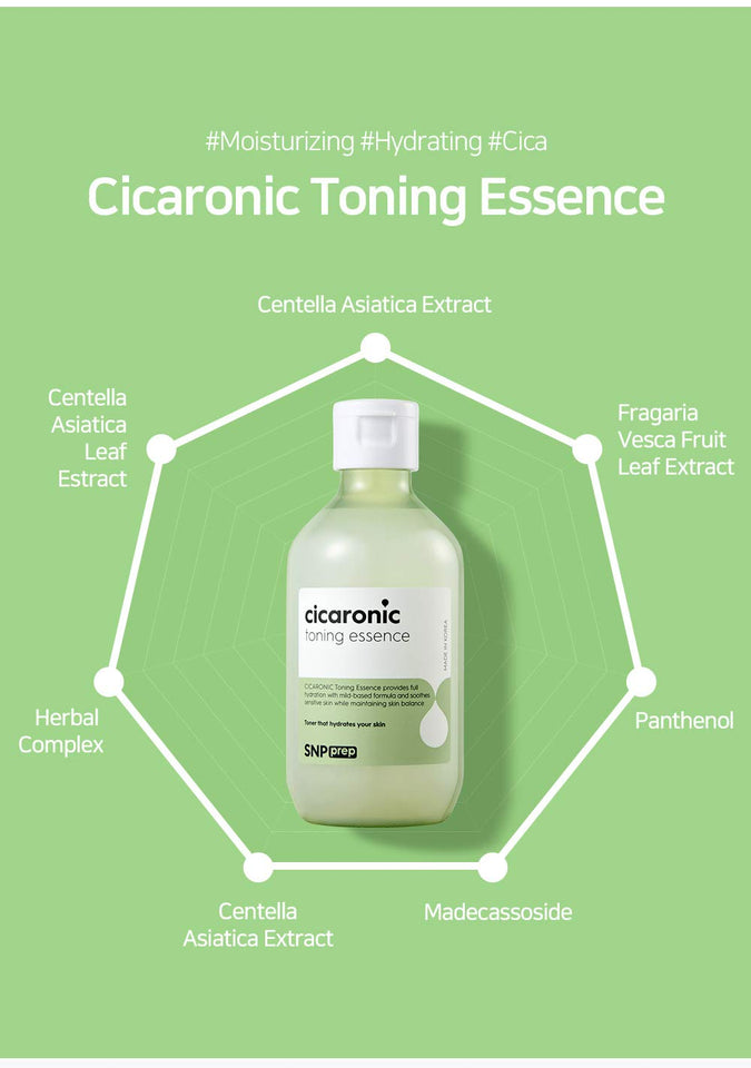 SNP PREP - Cicaronic Toning Essence - Soothing & Calming Effect for All Sensitive Skin Types with Hyaluronic Acid & Centella Asiatica - 220ml - Best Gift Idea for Mom, Girlfriend, Wife, Her, Women
