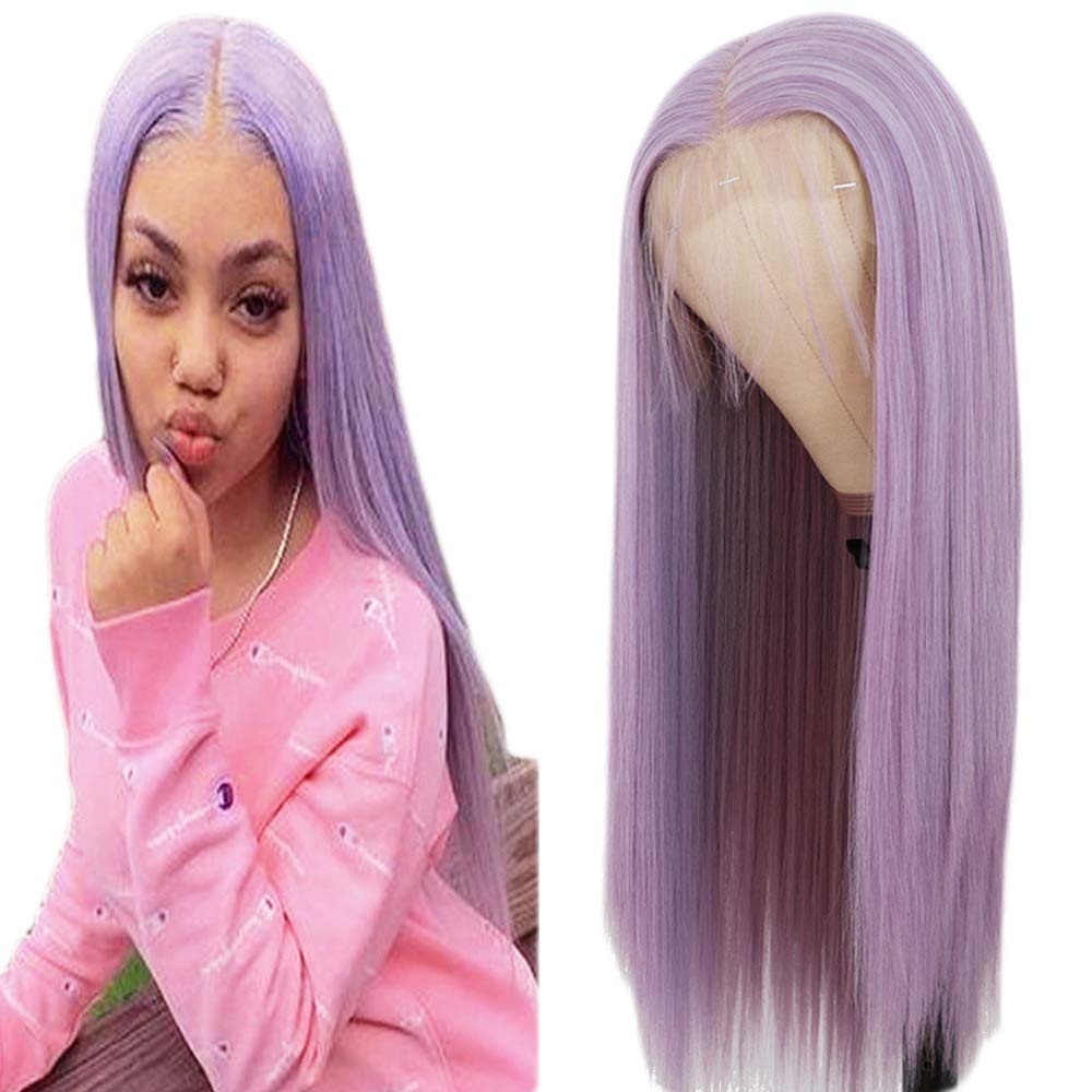 Maycaur Lace Front Wigs Long Straight Hair Purple Color Wigs for Fashion Women Light Purple Synthetic Lace Front Wigs with Natural Baby Hair 22 Inch
