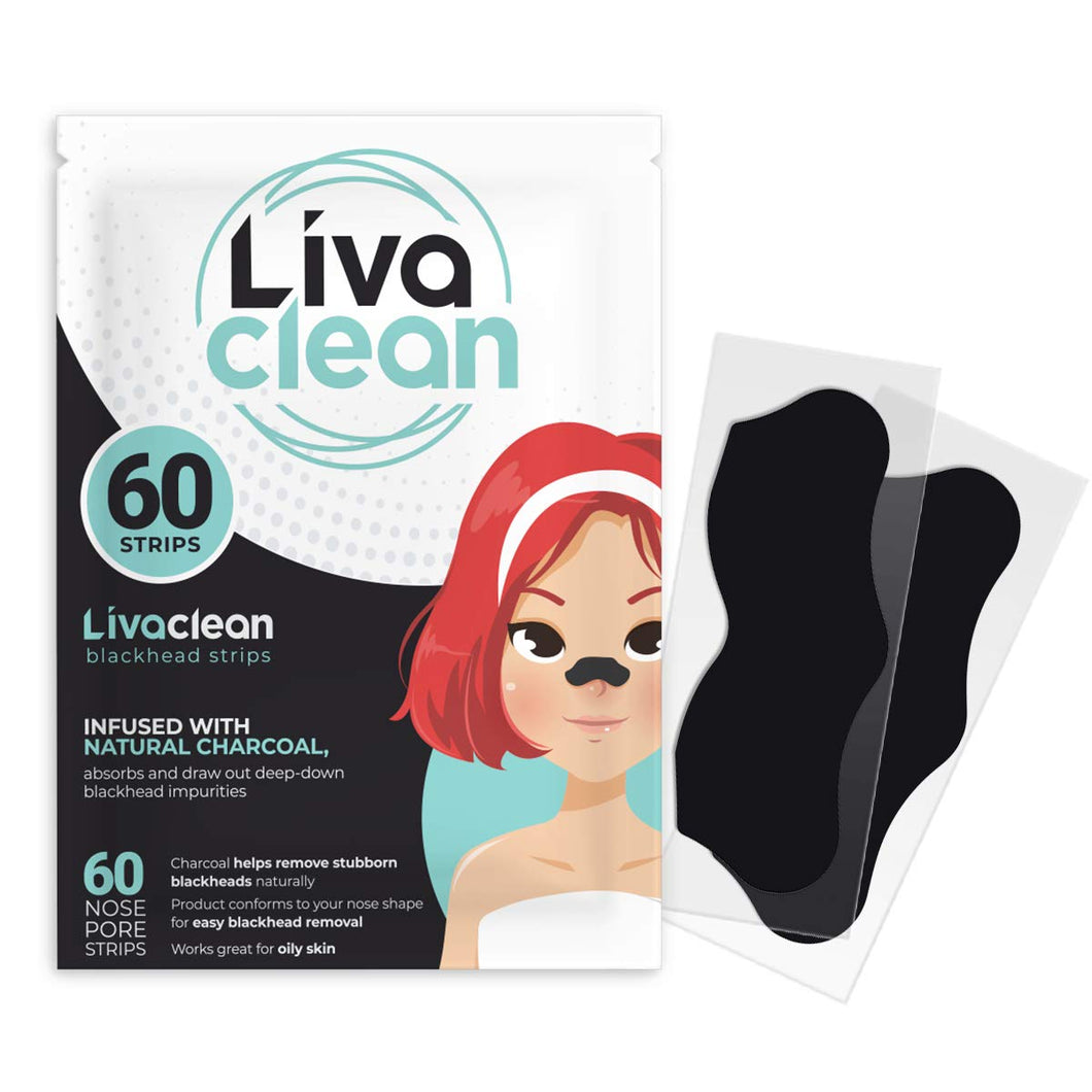 (60 Strips) Livaclean Charcoal Infused Blackhead Strips for Face, Nose, and Pores Blackheads Removal
