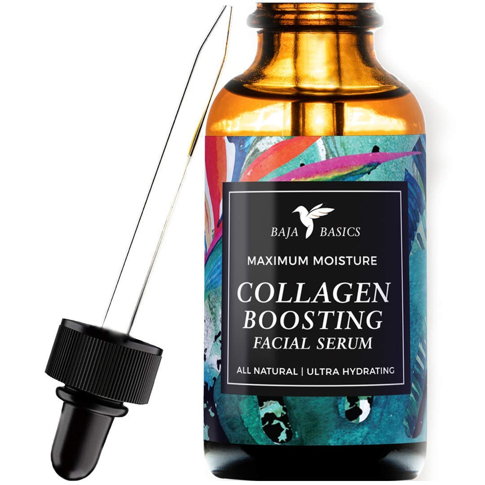 Collagen Boosting Facial Serum by Baja Basics 100% Natural, Skin Brightening, Anti Aging, Vitamin C, Deep Hydration for Dry Skin, Collagen Building, Organic Face Moisturizer 1oz