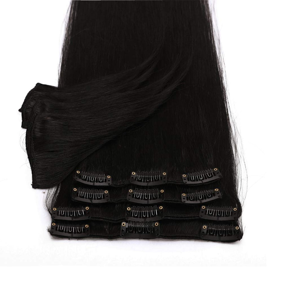 14 Inch Clip in Hair Extensions 100% Human Hair 60g Thin Standard Weft 8 Pcs 18 Clips Straight Clip on Human Hairpieces for Women #1 Jet Black