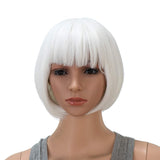SWACC 10 Inch Short Straight Bob Wig with Bangs Synthetic Colorful Cosplay Daily Party Flapper Wig for Women and Kids with Wig Cap (White)