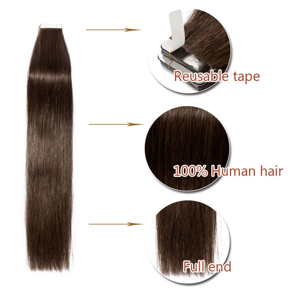 20 PCS Tape In Human Hair Extensions Double Side Tape Skin Weft Invisible Hair Extensions Hightlight Balayage Silk Straight For Women (16'',50g/20pcs,#2 Dark Brown)