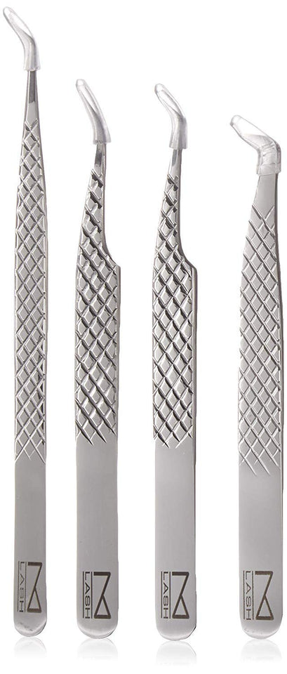 M LASH Set Of 4 Diamond Grip Eyelash Extensions Tweezers - Japanese Steel Lash Supply (Silver)
