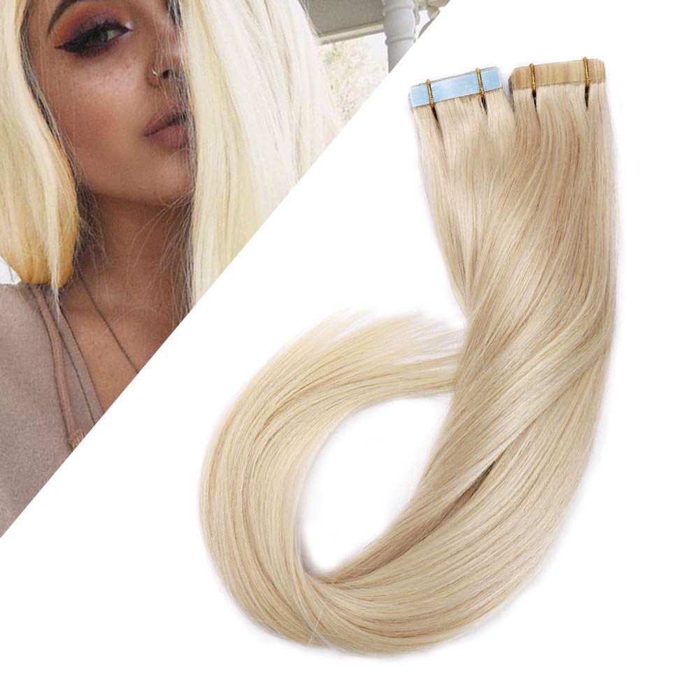 24 inch Tape in Human Hair Extensions Whitish Blonde Seamless Rooted Tape on 100% Remy Hair Highlighted Long Straight 20pcs 50g Skin Weft Invisible Double Sided for Women (24
