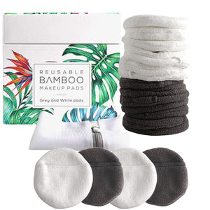 Luxury Bamboo Reusable Makeup Remover Pads, NYC, USA Brand (14 Pack), Four Layer Face Pads with Pocket - White and Grey Reusable Bamboo Face Pads - Eco-Conscious Makeup Remover Pads - Includes Mesh Washing Bag