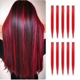 TOFAFA 22 inch Colored Hair Extensions straight Hairpiece,Multi-colors Party Highlights Clip in Synthetic Hair Extensions (10pcs Red)