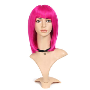 12 Inch Rose Pink Synthetic Wigs with Bangs, Colorful Cosplay Daily Party Wig for Women Natural As Real Hair+ Free Wig Cap Heat Resistant Fiber Short Straight Bob