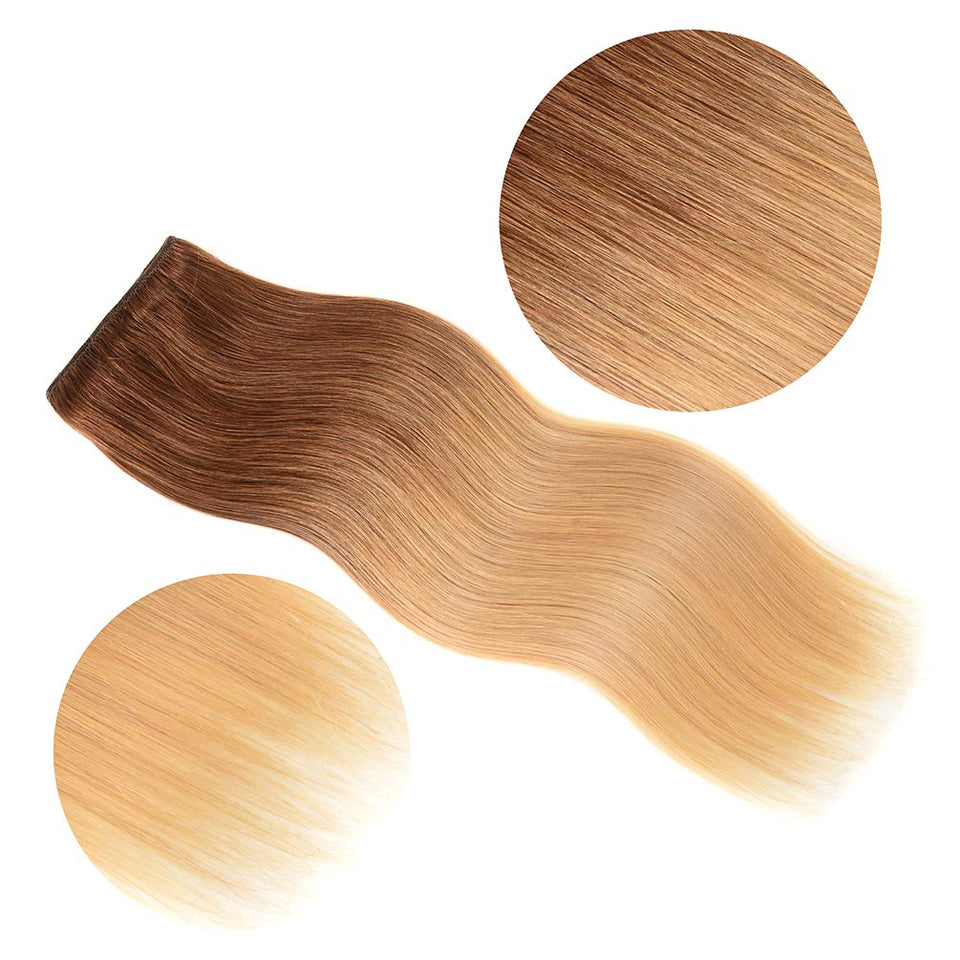 5 Pieces 16" Remy Clip in Hair Extensions Human Hair light Brown to Dirty Blonde Ombre - Silky Straight Short Thick Real Hair Extensions for Women (16 inches, 8T24, 80grams)