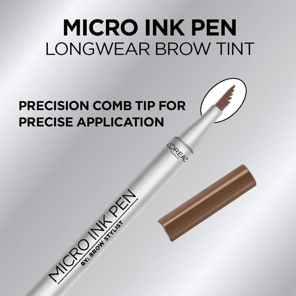 L'Oreal Paris Micro Ink Pen by Brow Stylist, Longwear Brow Tint, Hair-Like Effect, Up to 48HR Wear, Precision Comb Tip, Light Brunette, 0.033 fl; oz.