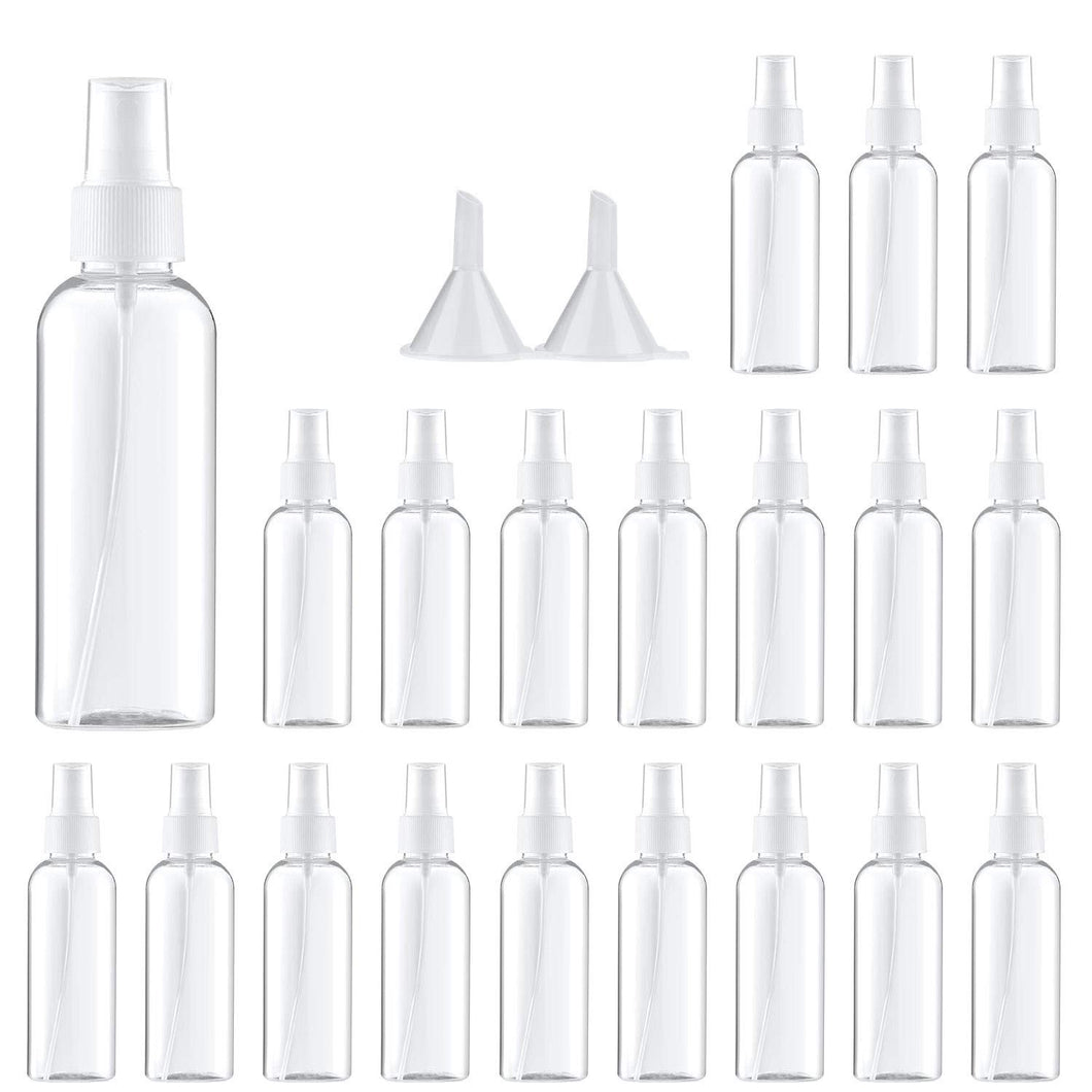 Spray Bottle,Fine Mist Mini Clear 80ml/2.7oz Spray Bottles,Small Reusable Empty Plastic Bottles with Atomizer Pumps (20 pack,2 Funnels included)