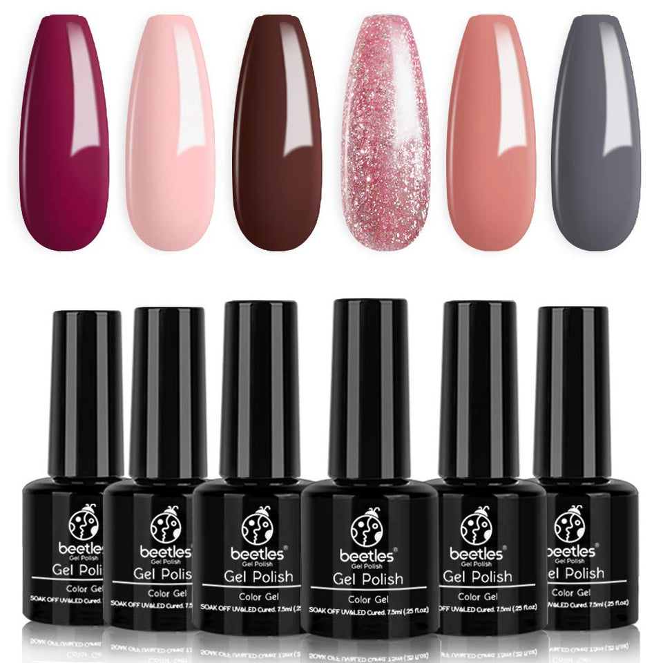 Beetles Gel Nail Polish Set, Rustic Reception Collection Pink Glitter Coral Gray Brown Gel Nail Lacquer Kit Bridal Nail Art Manicure Kit, 7.3ml Each Bottle