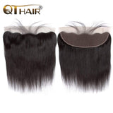 QTHAIR 12A Straight Human Hair Bundles with Frontal(14 16 18+12,Natural Black) Brazilian Straight Virgin Hair with 13x4 Lace Frontal 100% Unprocessed Human Hair Weave with Frontal