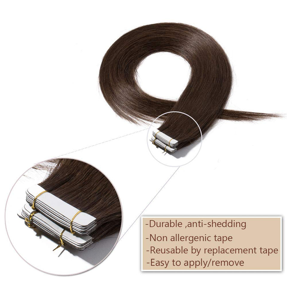 40 PCS Tape In Human Hair Extensions Double Side Tape Skin Weft Invisible Hair Extensions Hightlight Balayage Silk Straight For Women (14'',80g/40pcs,#4 Medium Brown)