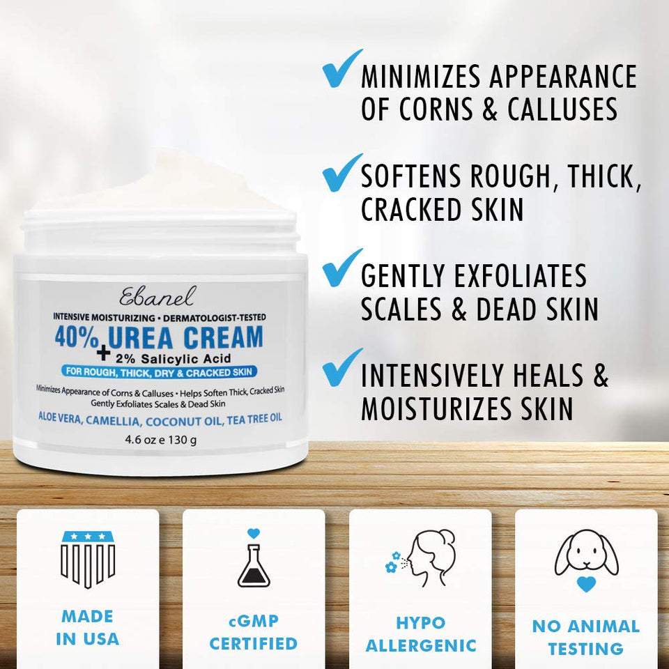 Urea Cream 40% Plus Salicylic Acid 4.6 Oz, Callus Remover Hand Cream Foot Cream For Dry Cracked Feet, Hands, Heels, Elbows, Nails, Knees, Intensive Moisturizes & Softens Skin, Exfoliates Dead Skin