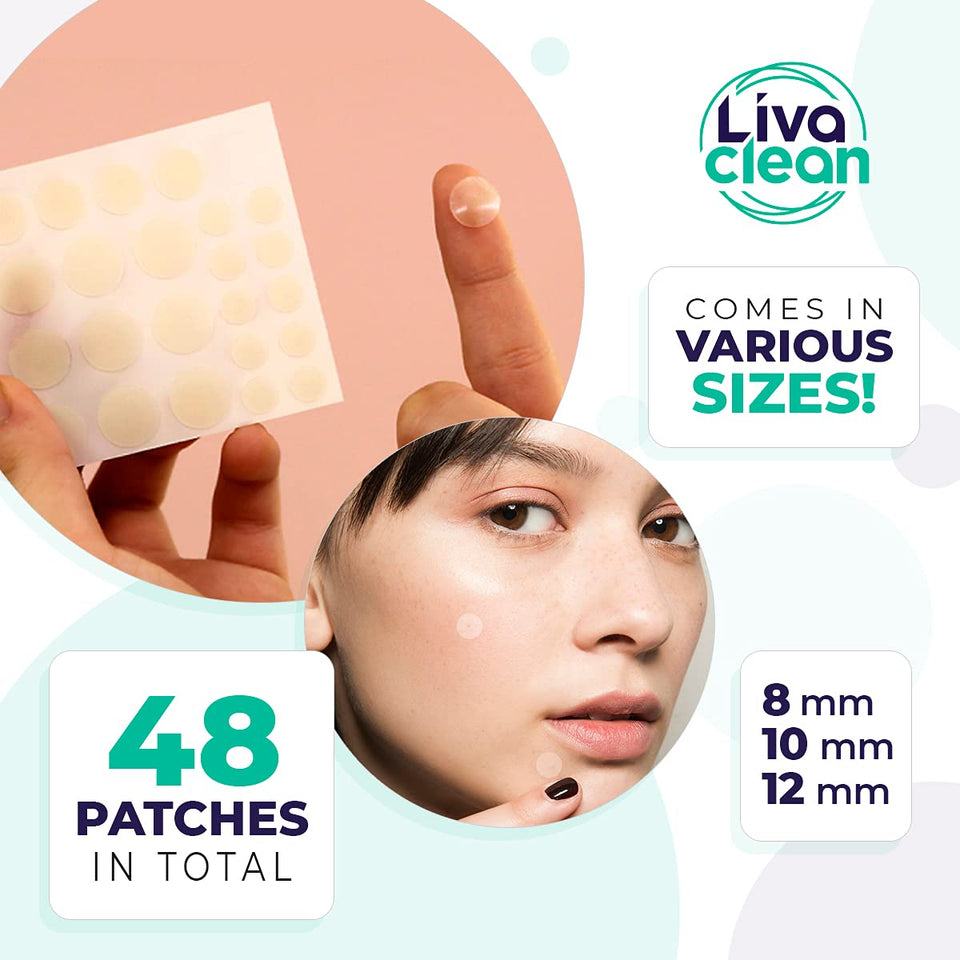 192 Count (4-Pack of 48) LivaClean Pimple Patch, Acne Absorbing Spot Treatment, Overnight Treatments Clear Dots To Get Rid Of Pimple, Zits, Blemish, Avoid Pimple Scars, Sizes: 8mm, 10mm, 12 mm