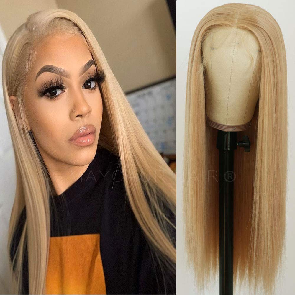 Maycaur Lace Front Wigs Blonde Wig Long Straight Heat Resistant Fiber Hair Synthetic Lace Front Wigs for Women 22 Inch