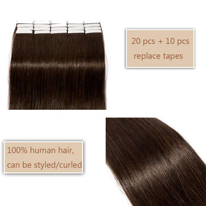 20 PCS Tape In Human Hair Extensions Double Side Tape Skin Weft Invisible Hair Extensions Hightlight Balayage Silk Straight For Women (16'',50g/20pcs,#2 Dark Brown)