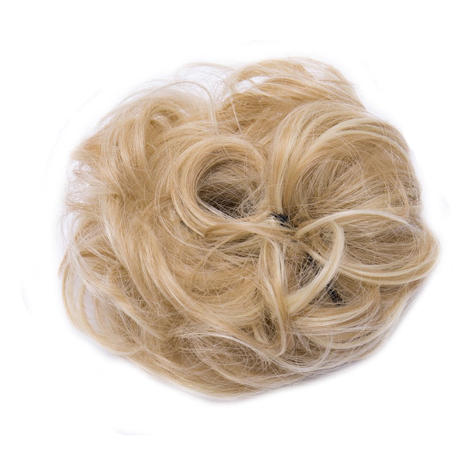 Messy Bun Hair Piece Scrunchy Updo Hair Pieces for Women Fluffy Wavy Hair Bun Scrunchies Donut Hairpiece Synthetic Chignons With Elastic Rubber Band Dark Blonde & Bleach Blonde-Thicker 1 pc