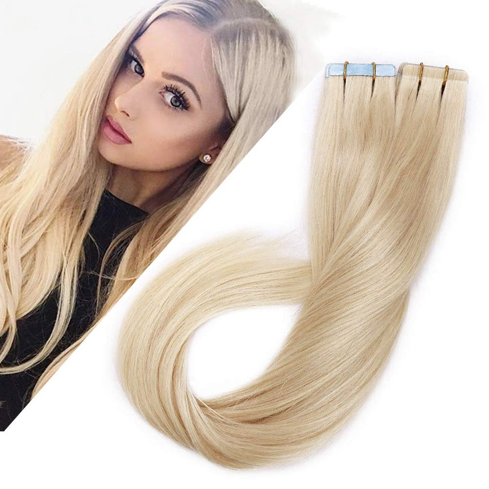 Benehair Rooted Tape in Hair Extensions Human Hair Platinum Blonde Skin Weft 18 inches Long Straight Remy Hair Double Sided Invisible Tape ins for Women 20pcs 50g （18" #60）