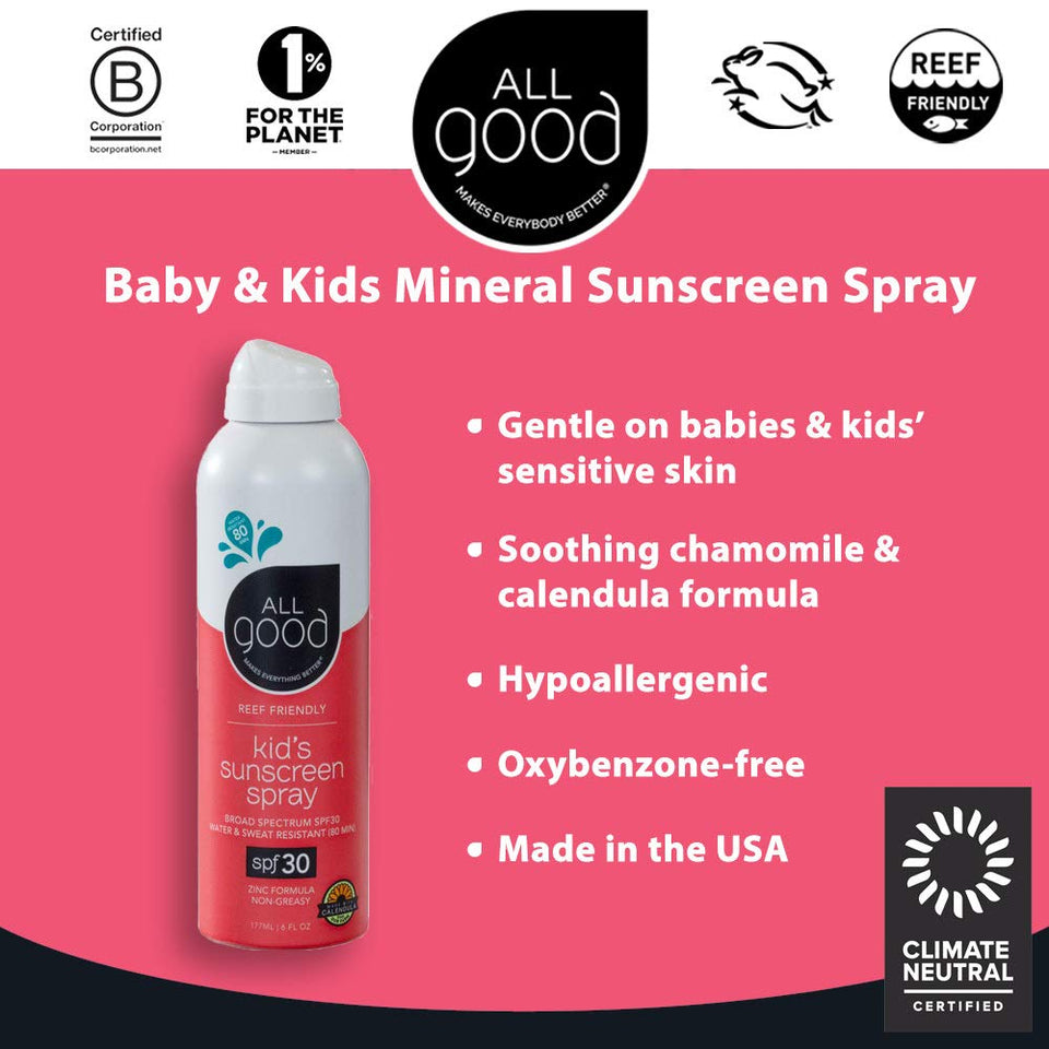 All Good Baby & Kids Mineral Sunscreen Spray - SPF 30 - Zinc Oxide - Coral Reef Safe - Water Resistant - UVA/UVB Broad Spectrum (6 oz)(2-Pack)