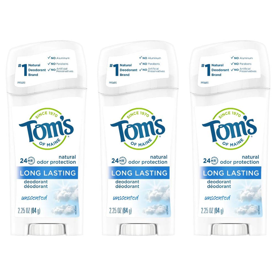 Tom's of Maine Long Lasting Deodorant, Natural Deodorant, Deodorant, Unscented, 2.25 Ounce, Pack of 3