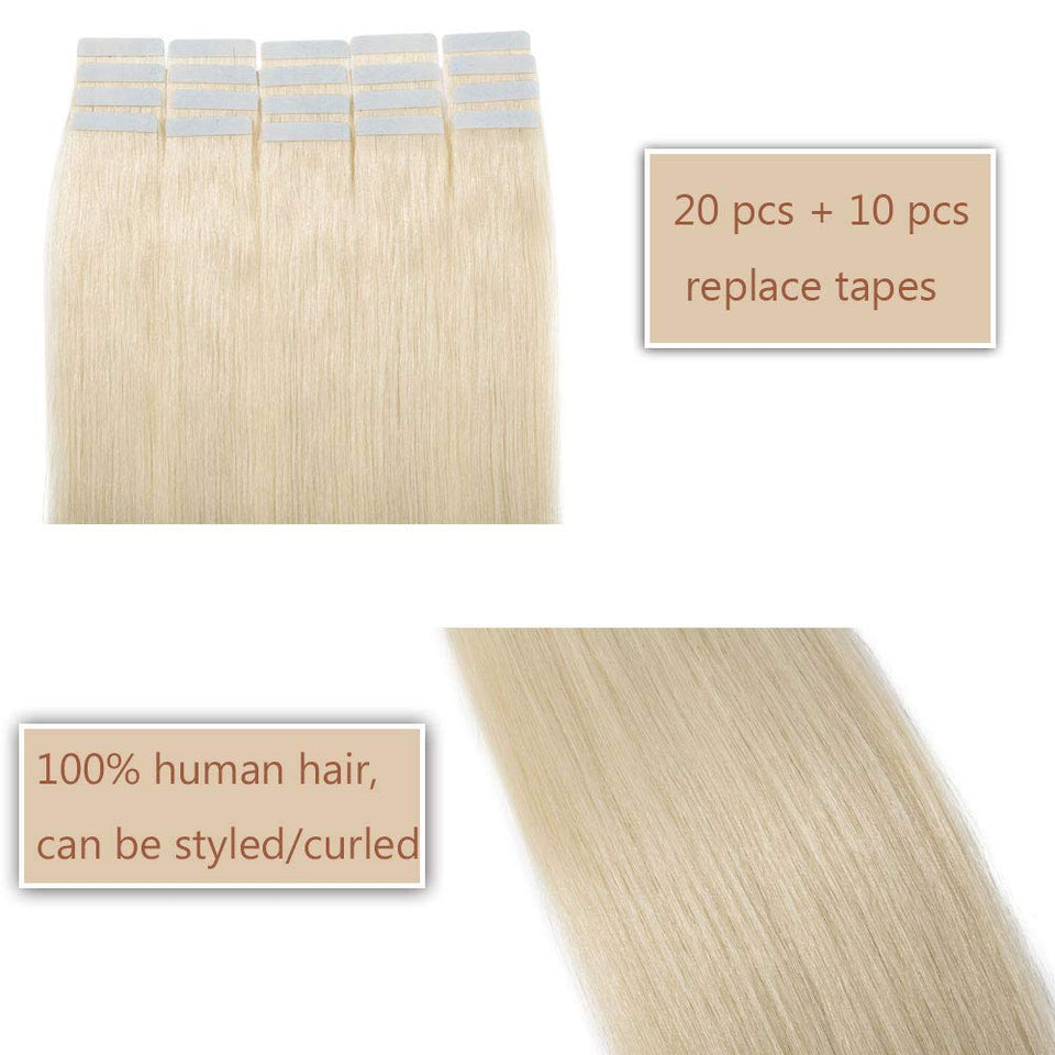 40 PCS Tape In Human Hair Extensions Double Side Tape Skin Weft Invisible Hair Extensions Hightlight Balayage Silk Straight For Women (20'',100g/40pcs,#60 Platinum Blonde)