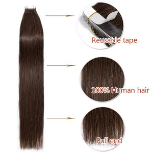 40PCS Tape In Human Hair Extensions Double Side Tape Seamless Skin Weft Invisible Hair Extensions Hightlight Balayage Natural Silk Straight For Women (22'',100g/40pcs,#4 Medium Brown)