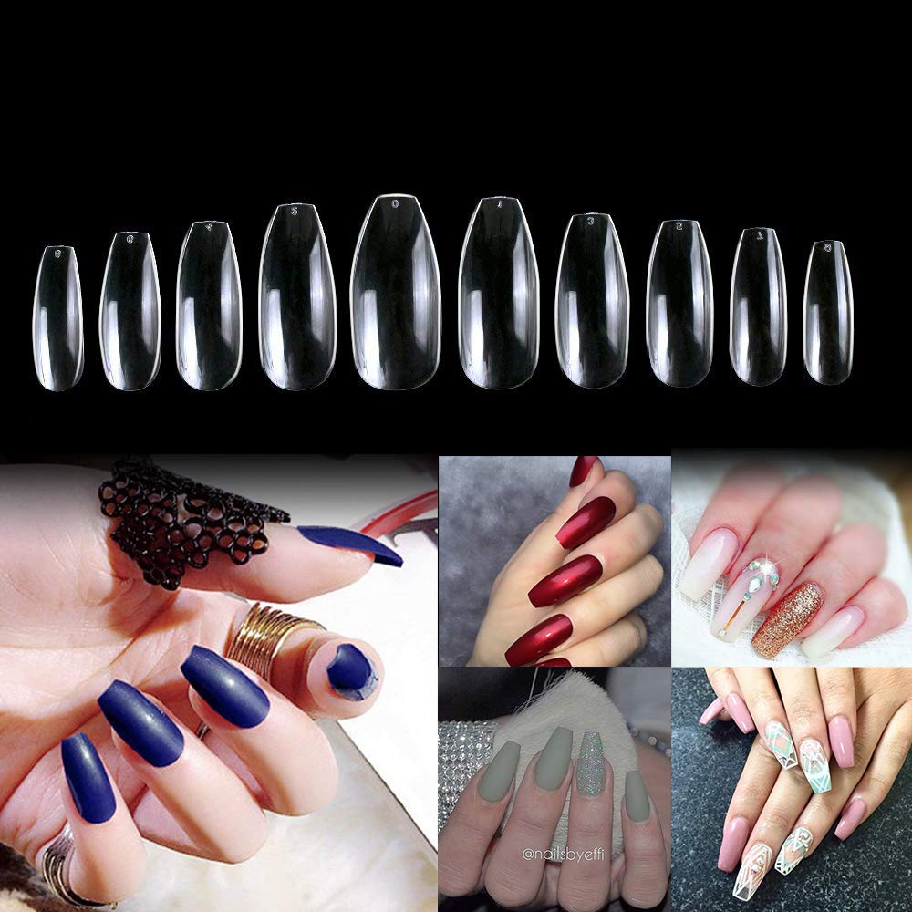 Vivace Clear Coffin 500 Acrylic Fake False Nail Tips 10Sizes For Nail Salon Nail Shop (Clear Coffin)